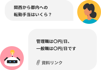 社内申請で転勤手当を知りたい場合に、社内の情報に基づいた回答を返してくれます。